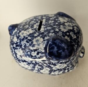 Vintage‎ blue and white calico piggy bank by staffordshire